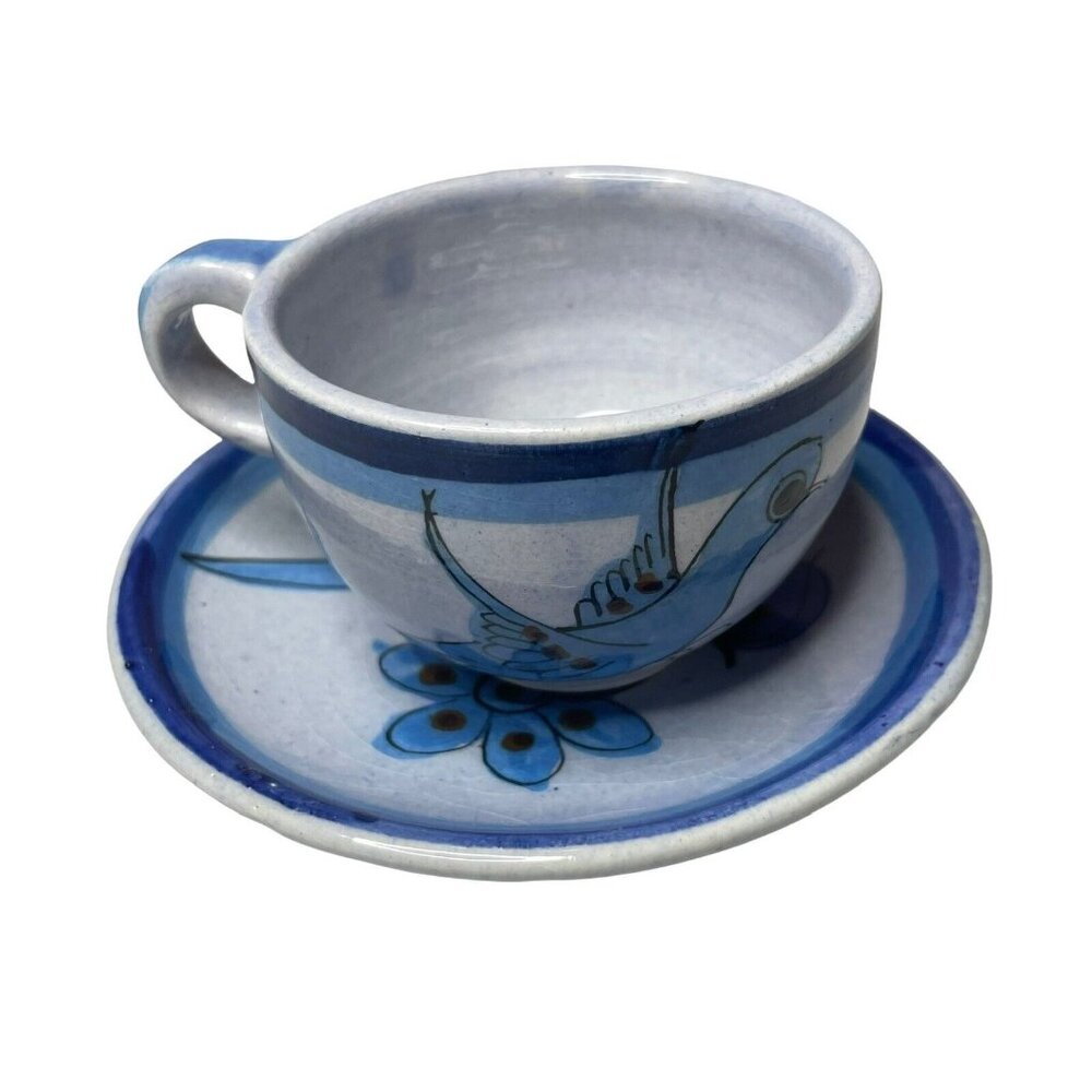 Mexican Tonala Pottery Flowers Hand Painted Blue Bird Cup Saucer Folk Art Signed